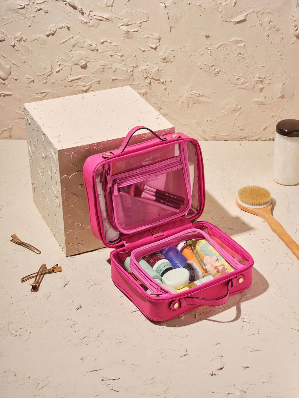 BNWT Calpak Hot Pink Clear Travel Cosmetic Case